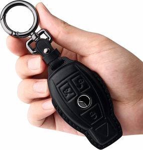 Tukellen for Mercedes Benz key fob cover Genuine Leather with Keychain,Leather key case Protector Compatible C E M S CLS CLK GLK GLC G AMG Series Smart Remote Key,Black