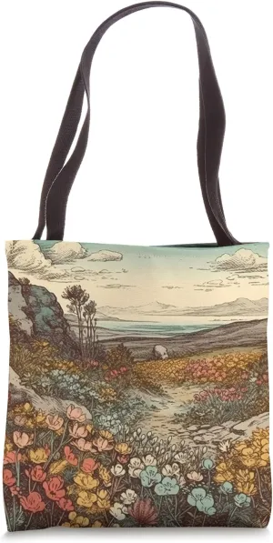 Tundra With Wildflowers Vintage Landscape Graphic Tote Bag