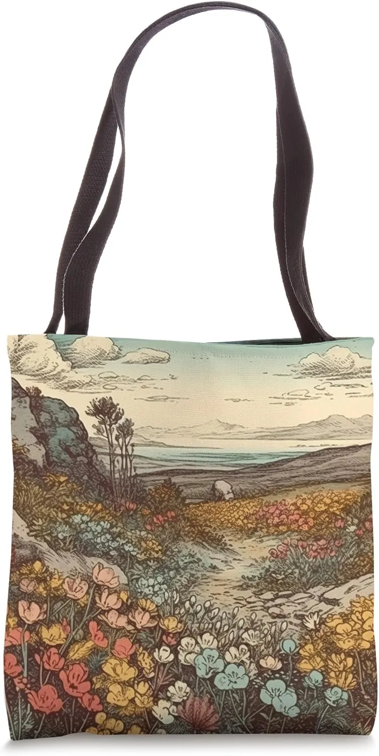 Tundra With Wildflowers Vintage Landscape Graphic Tote Bag