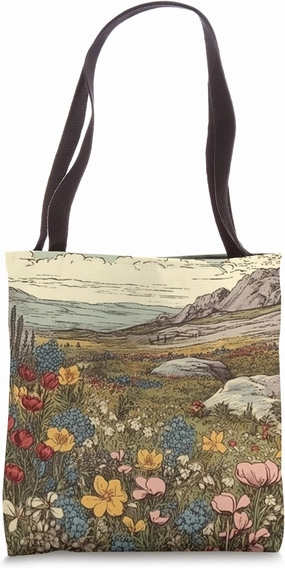 Tundra With Wildflowers Vintage Landscape Graphic Tote Bag