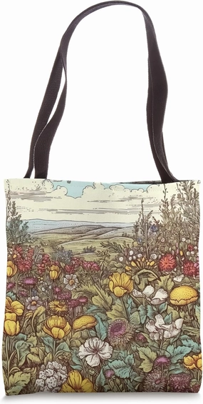 Tundra With Wildflowers Vintage Landscape Graphic Tote Bag
