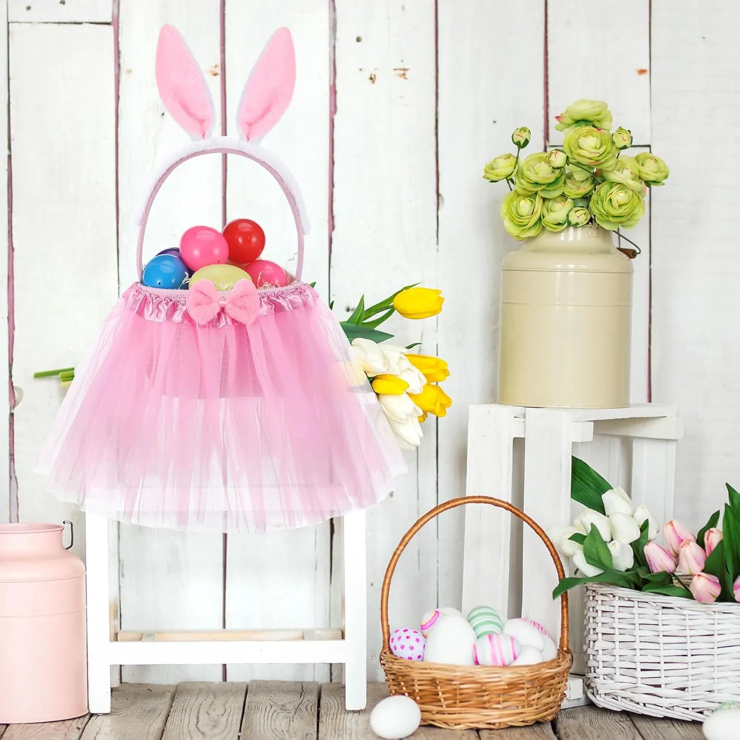 Tutu Easter Baskets Easter Costume Ruffled Tulle Fluffy Ears and Bunny Headband Bow Tie Tail Party Favors Gift for Girls DIY Egg Playset Decorations(Pink)