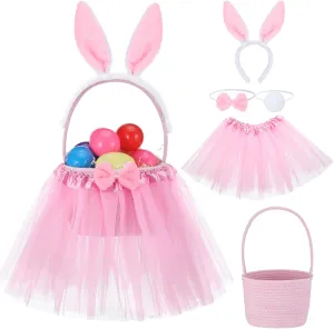 Tutu Easter Baskets Easter Costume Ruffled Tulle Fluffy Ears and Bunny Headband Bow Tie Tail Party Favors Gift for Girls DIY Egg Playset Decorations(Pink)