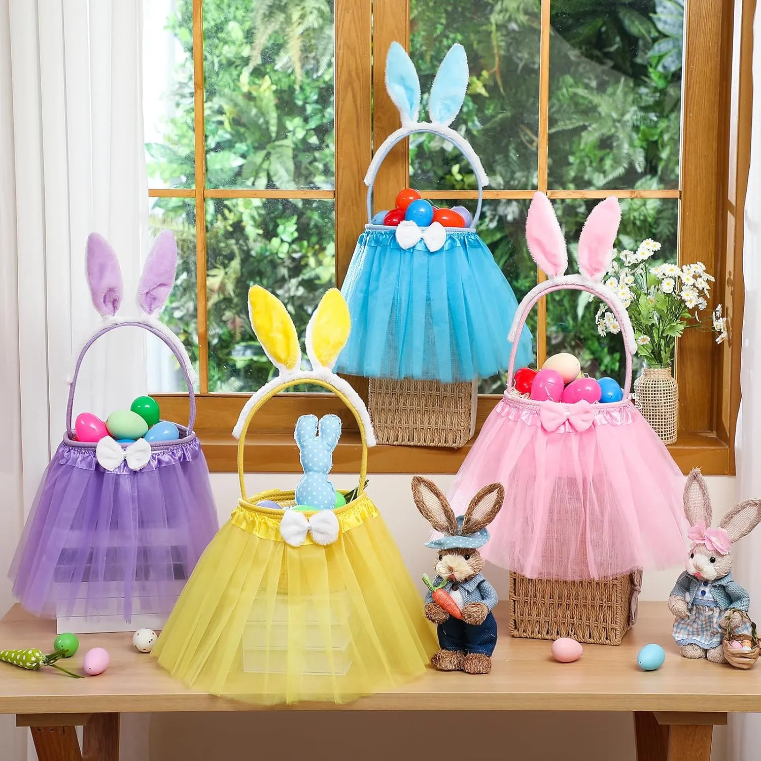 Tutu Easter Baskets Easter Costume Ruffled Tulle Fluffy Ears and Bunny Headband Bow Tie Tail Party Favors Gift for Girls DIY Egg Playset Decorations(Pink)