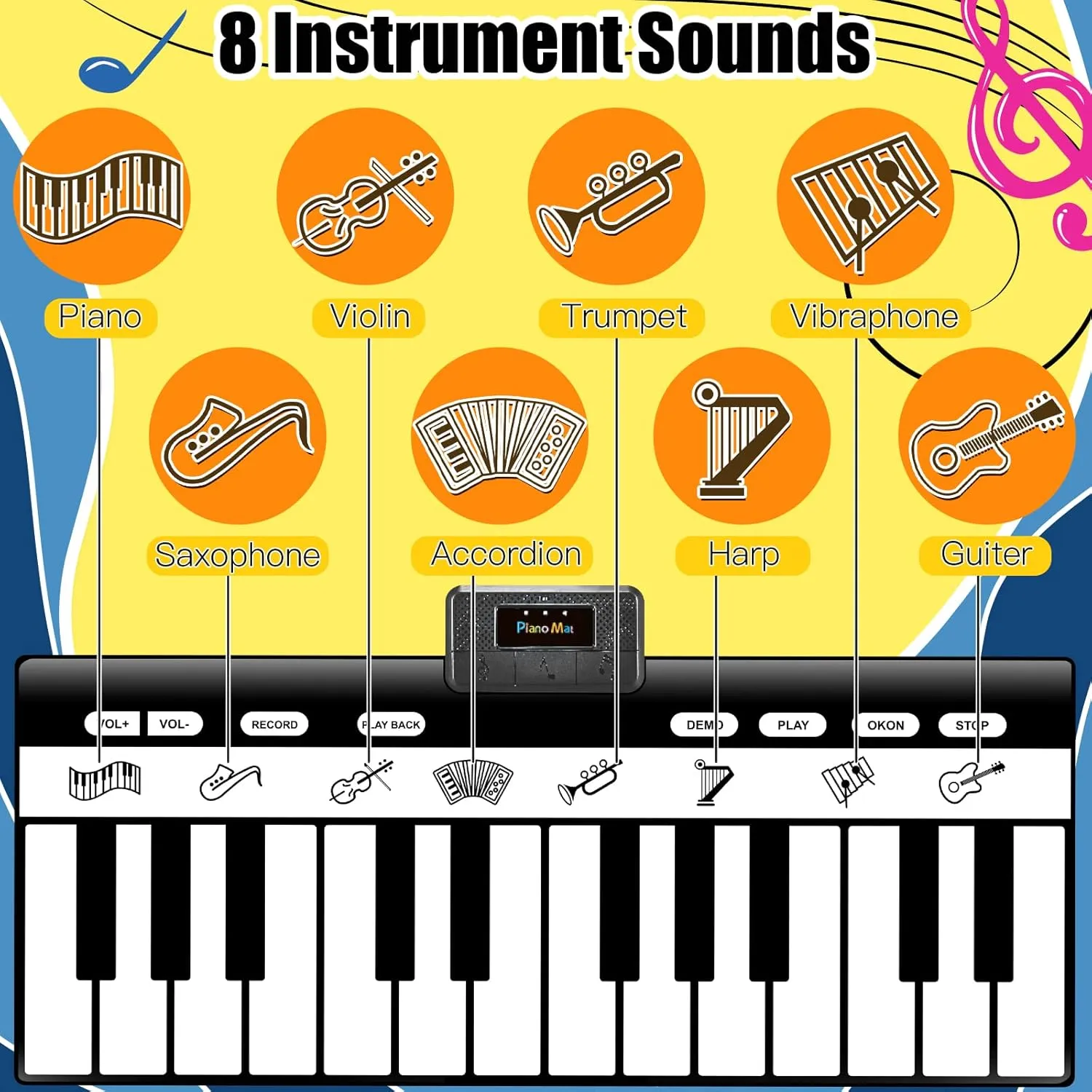 TWFRIC 6ft. Piano Mat with 24 Keys & 10 Demos & 8 Musical Instruments Sounds & 4 Play Modes, Giant Dance Floor Piano Music Play Mat 71'' Large Interactive Musical Toys Gifts for Kids Adults Toddlers