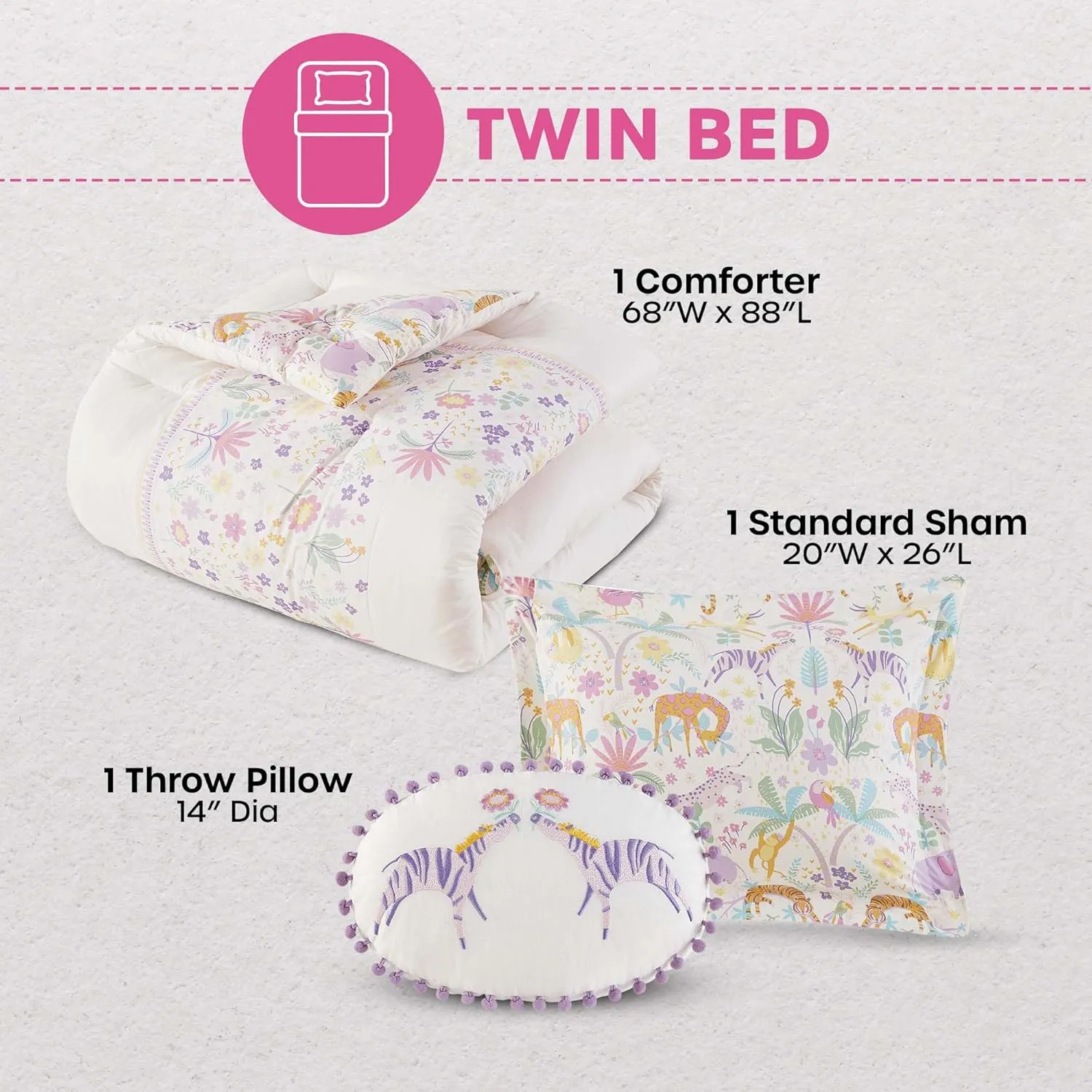 Twin Comforter Set, Favorite Jungle Animals Fun Safari Adventures Print, BCI Cotton Comforter, All Seasons Down Alternative Bedding, Sham & Pillow, Lulu, Twin Purple 3 Piece