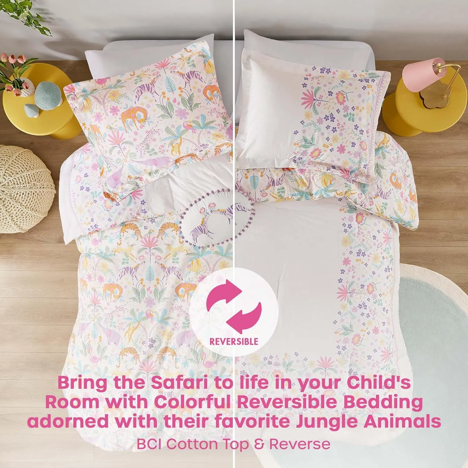 Twin Comforter Set, Favorite Jungle Animals Fun Safari Adventures Print, BCI Cotton Comforter, All Seasons Down Alternative Bedding, Sham & Pillow, Lulu, Twin Purple 3 Piece