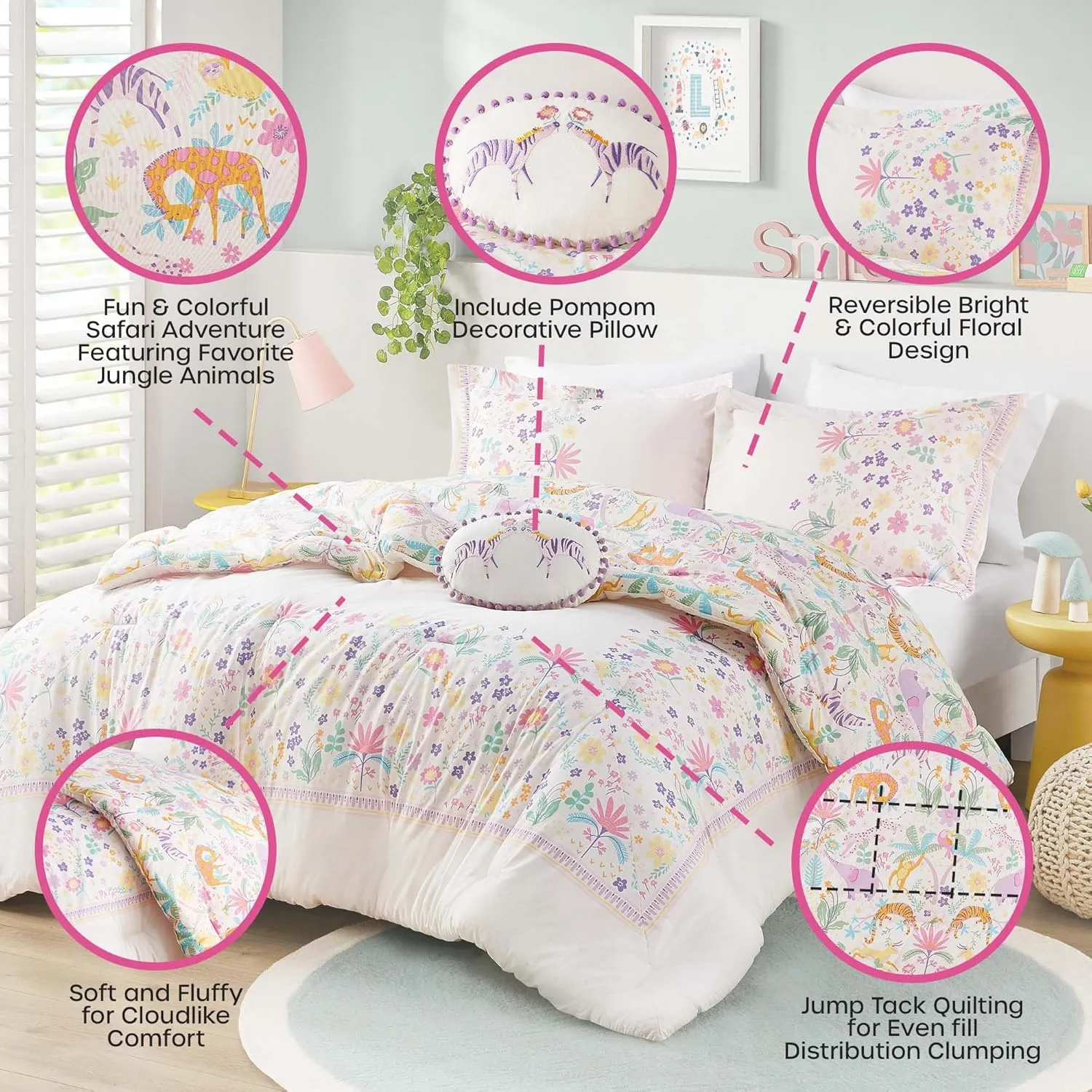 Twin Comforter Set, Favorite Jungle Animals Fun Safari Adventures Print, BCI Cotton Comforter, All Seasons Down Alternative Bedding, Sham & Pillow, Lulu, Twin Purple 3 Piece