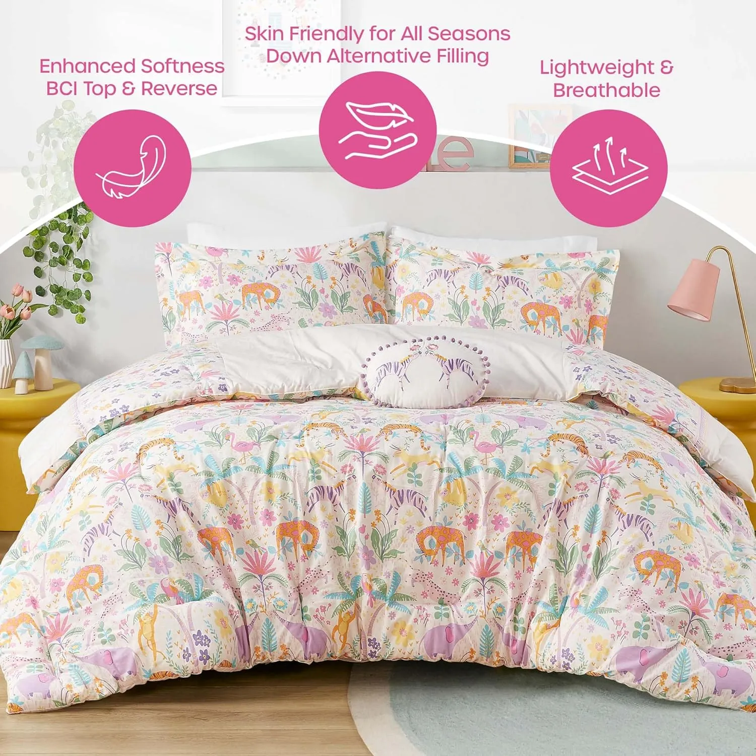 Twin Comforter Set, Favorite Jungle Animals Fun Safari Adventures Print, BCI Cotton Comforter, All Seasons Down Alternative Bedding, Sham & Pillow, Lulu, Twin Purple 3 Piece
