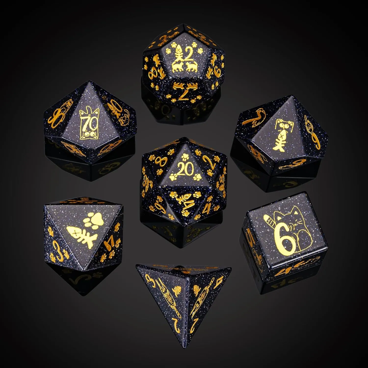 UDIXI Gemstone DND Dice Set Blue Sandstone Dice with Cute Cat Pattern, Stone Dice for Dungeons and Dragons Tabletop Game
