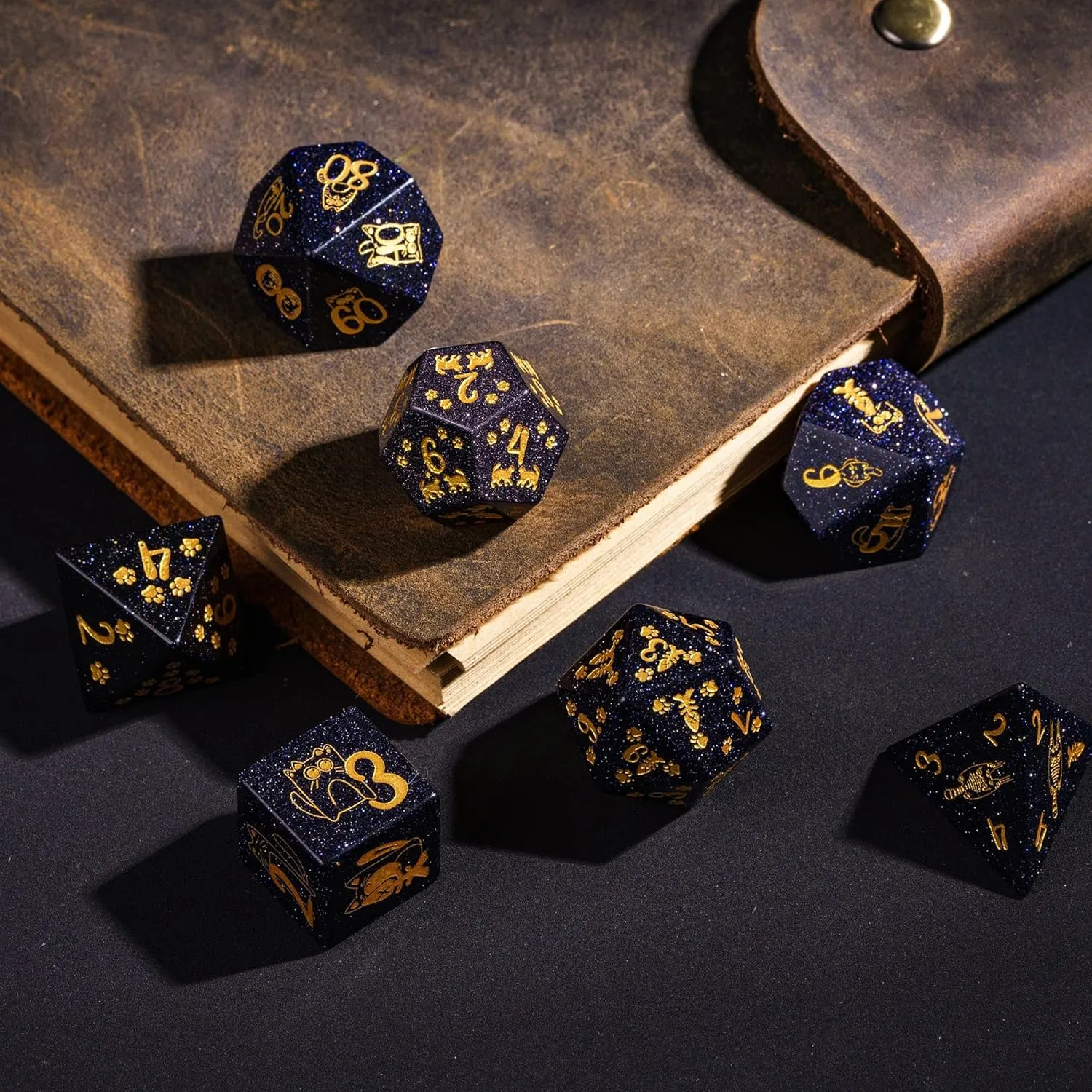 UDIXI Gemstone DND Dice Set Blue Sandstone Dice with Cute Cat Pattern, Stone Dice for Dungeons and Dragons Tabletop Game