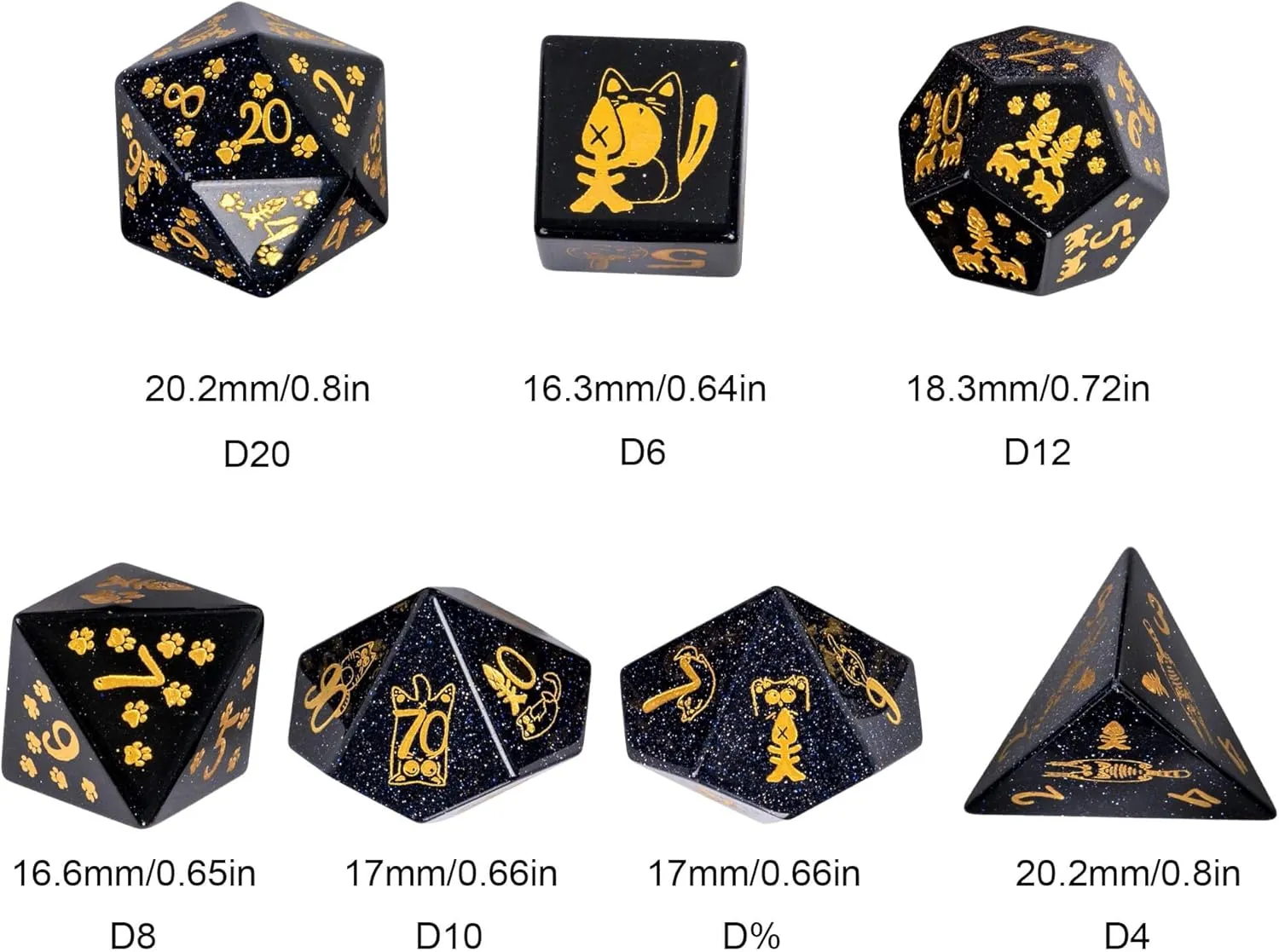 UDIXI Gemstone DND Dice Set Blue Sandstone Dice with Cute Cat Pattern, Stone Dice for Dungeons and Dragons Tabletop Game