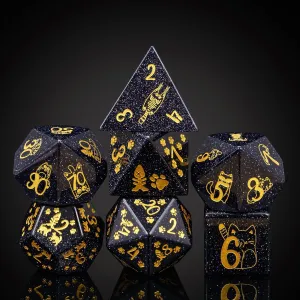 UDIXI Gemstone DND Dice Set Blue Sandstone Dice with Cute Cat Pattern, Stone Dice for Dungeons and Dragons Tabletop Game