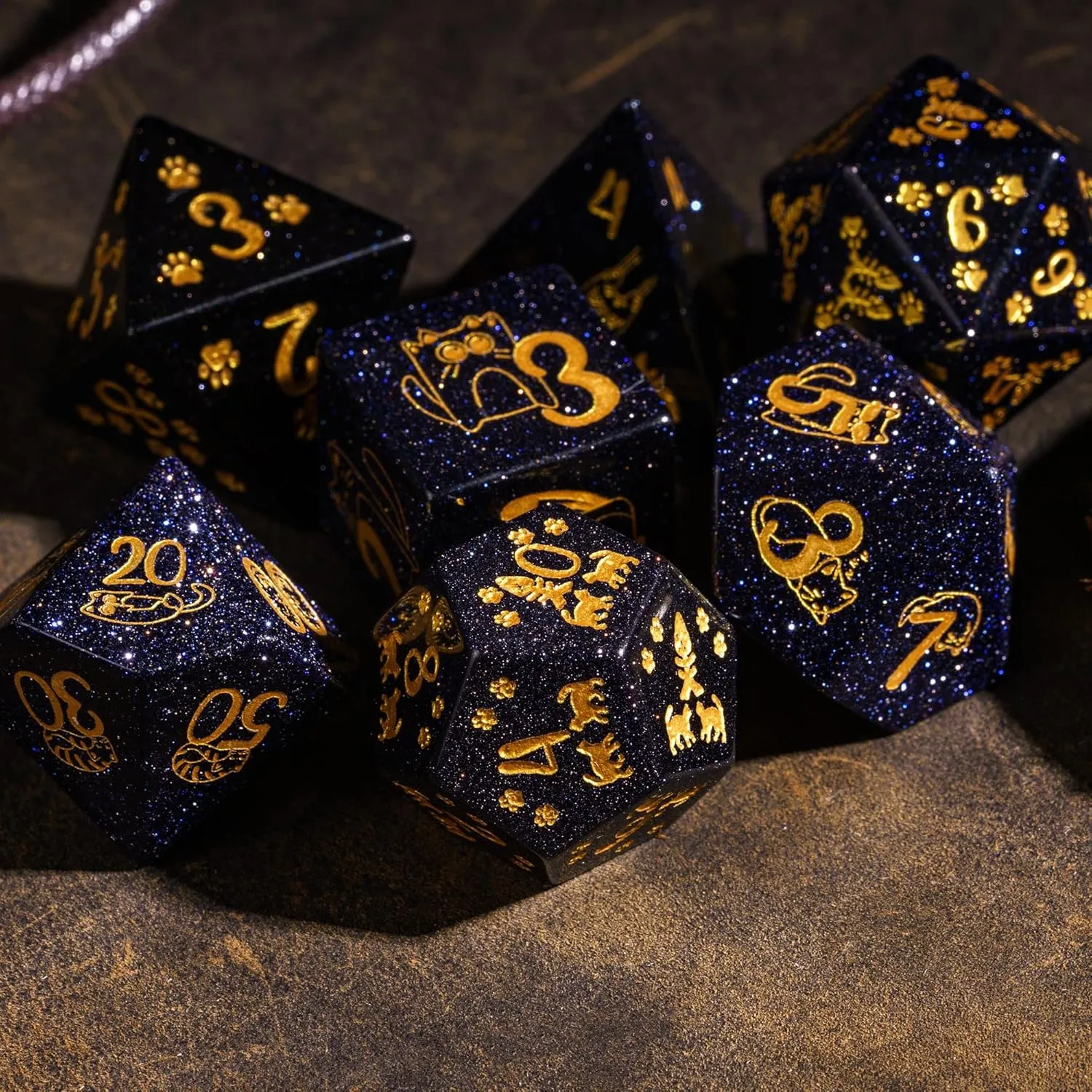 UDIXI Gemstone DND Dice Set Blue Sandstone Dice with Cute Cat Pattern, Stone Dice for Dungeons and Dragons Tabletop Game