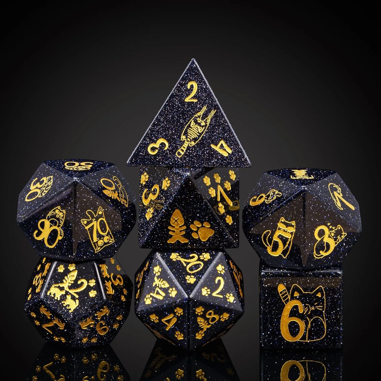 UDIXI Gemstone DND Dice Set Blue Sandstone Dice with Cute Cat Pattern, Stone Dice for Dungeons and Dragons Tabletop Game