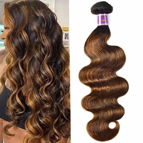 UNice Ombre Brown Highlight Body Wave Human Hair Weave 1 bundle 14 inch, Brazilian Remy Hair Dark Root Blonde Human Hair Weaves Extension Piano Color TFB30