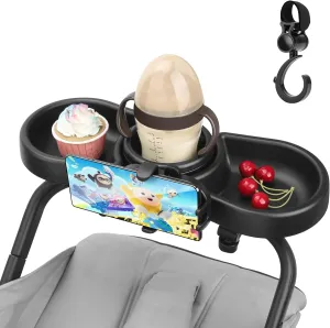 Universal Stroller Snack Tray, 4 in 1 Stroller Tray Attachment with Cups Phone Holder for Baby Toddler Stroller, 360° Rotation Universal Stroller Tray Compatible with Uppababy, Baby Jogger, etc
