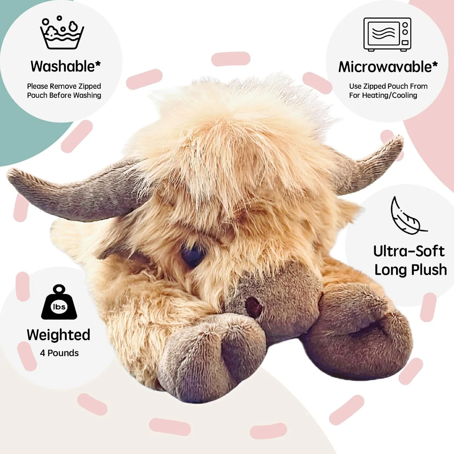 uoozii 20" | 4 Pounds Highland Cow Weighted Stuffed Animals with Unscented Microwavable Heating Pad, Cute Coolable Heatable Weighted Plush Warm Gift for Kids & Adults