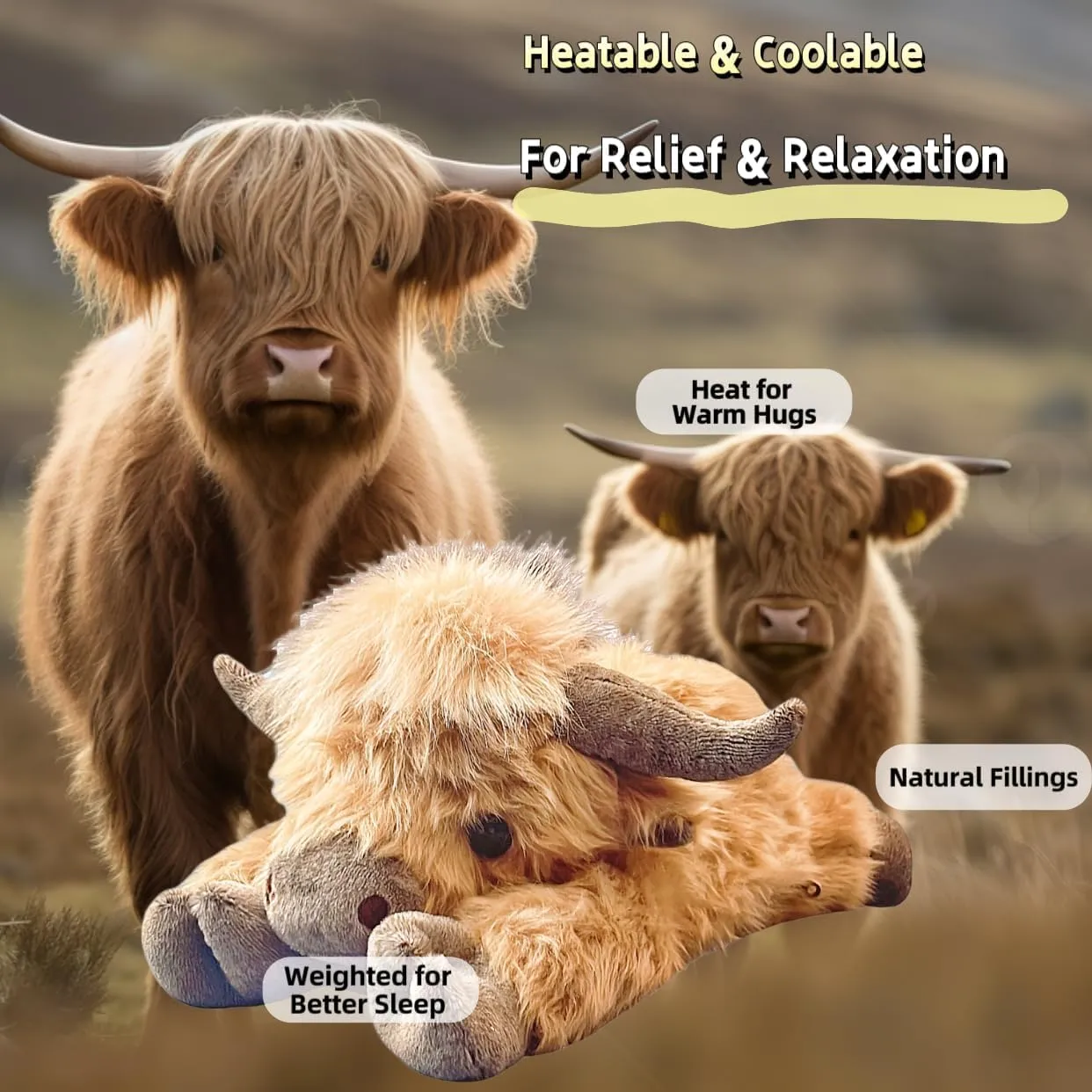 uoozii 20" | 4 Pounds Highland Cow Weighted Stuffed Animals with Unscented Microwavable Heating Pad, Cute Coolable Heatable Weighted Plush Warm Gift for Kids & Adults