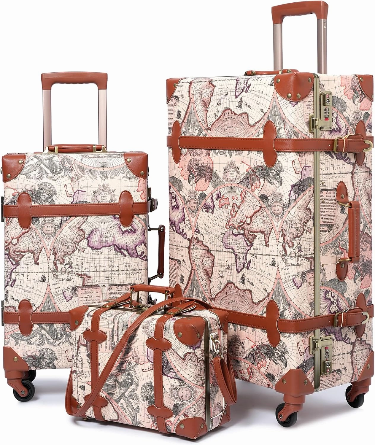 urecity Vintage Luggage Sets of 3 Piece - Hardside Lightweight Spinner Suitcases - Retro Travel Set includes Under Seat Train Case, 26" 20" 12"
