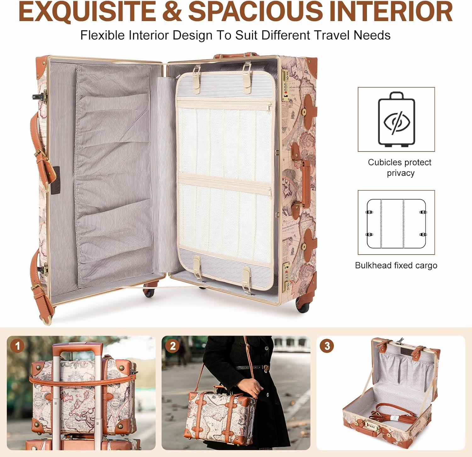 urecity Vintage Luggage Sets of 3 Piece - Hardside Lightweight Spinner Suitcases - Retro Travel Set includes Under Seat Train Case, 26" 20" 12"