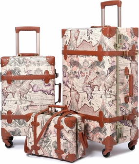 urecity Vintage Luggage Sets of 3 Piece - Hardside Lightweight Spinner Suitcases - Retro Travel Set includes Under Seat Train Case, 26" 20" 12"