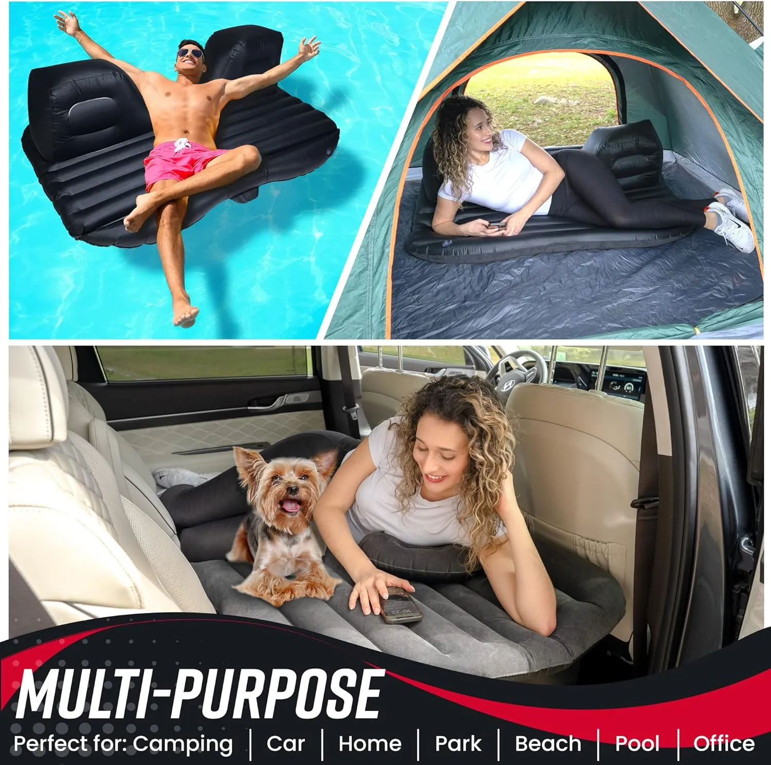 VaygWay Inflatable Car Air Mattress – Air Bed w/Pump Kit –Back Seat – Camping Vacation Blow up Bed Cushion - Sleeping Pad w/ 2 Pillows (Inflatable Car Mattress, Neck Pillow, Ear Plugs, Eye Shields)