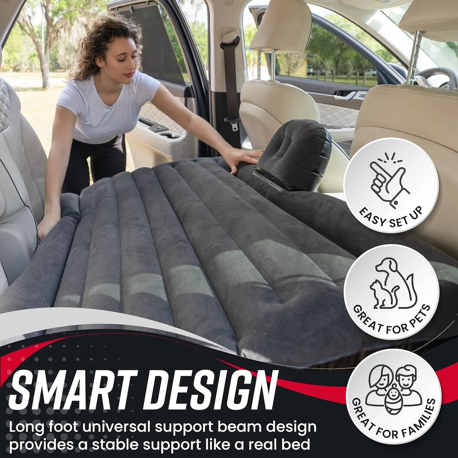 VaygWay Inflatable Car Air Mattress – Air Bed w/Pump Kit –Back Seat – Camping Vacation Blow up Bed Cushion - Sleeping Pad w/ 2 Pillows (Inflatable Car Mattress, Neck Pillow, Ear Plugs, Eye Shields)