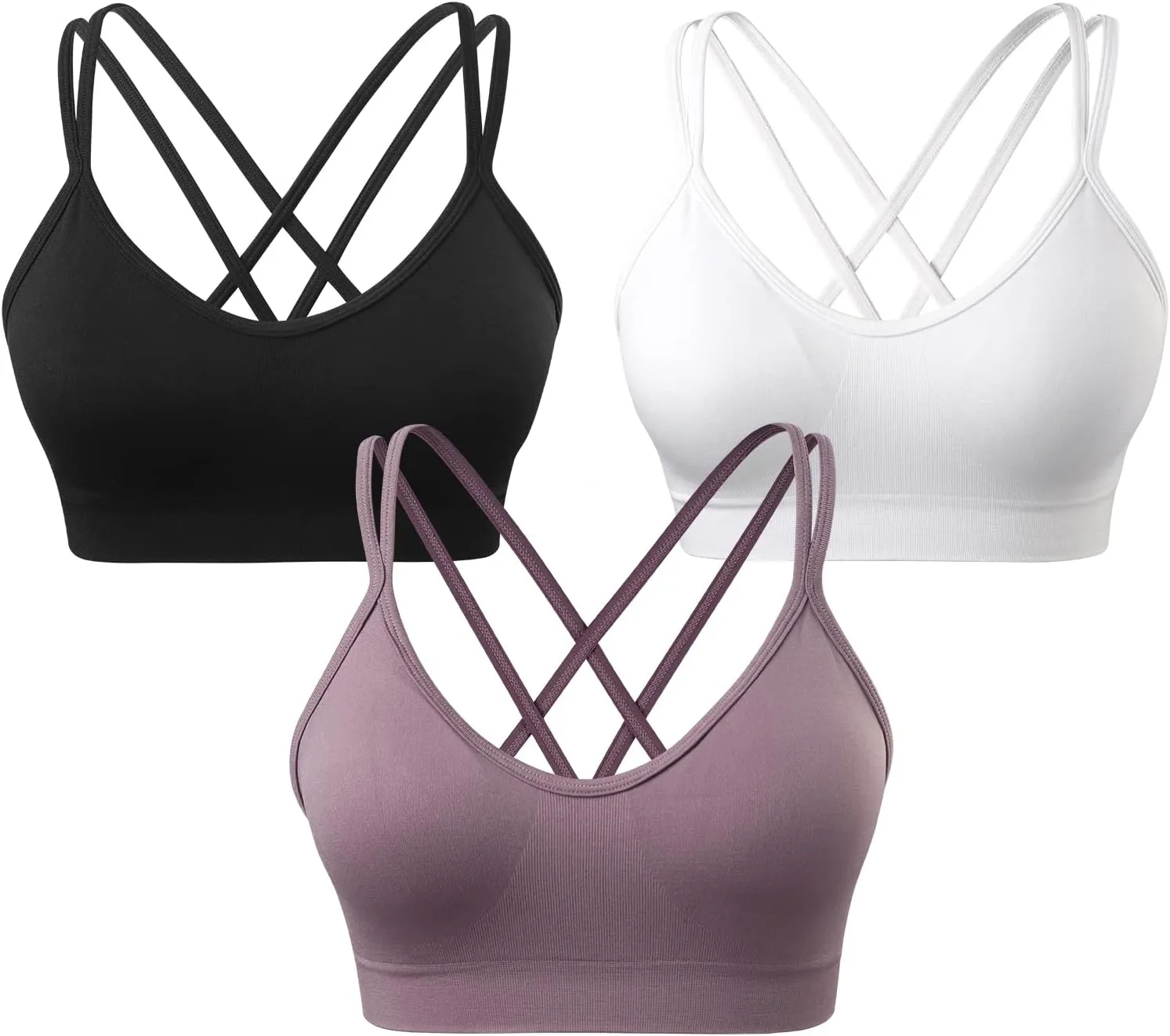 VEQKING Women's Cross Back Sports Bra Padded Strappy Medium Support Yoga Bra for Workout Fitness 3 Pack