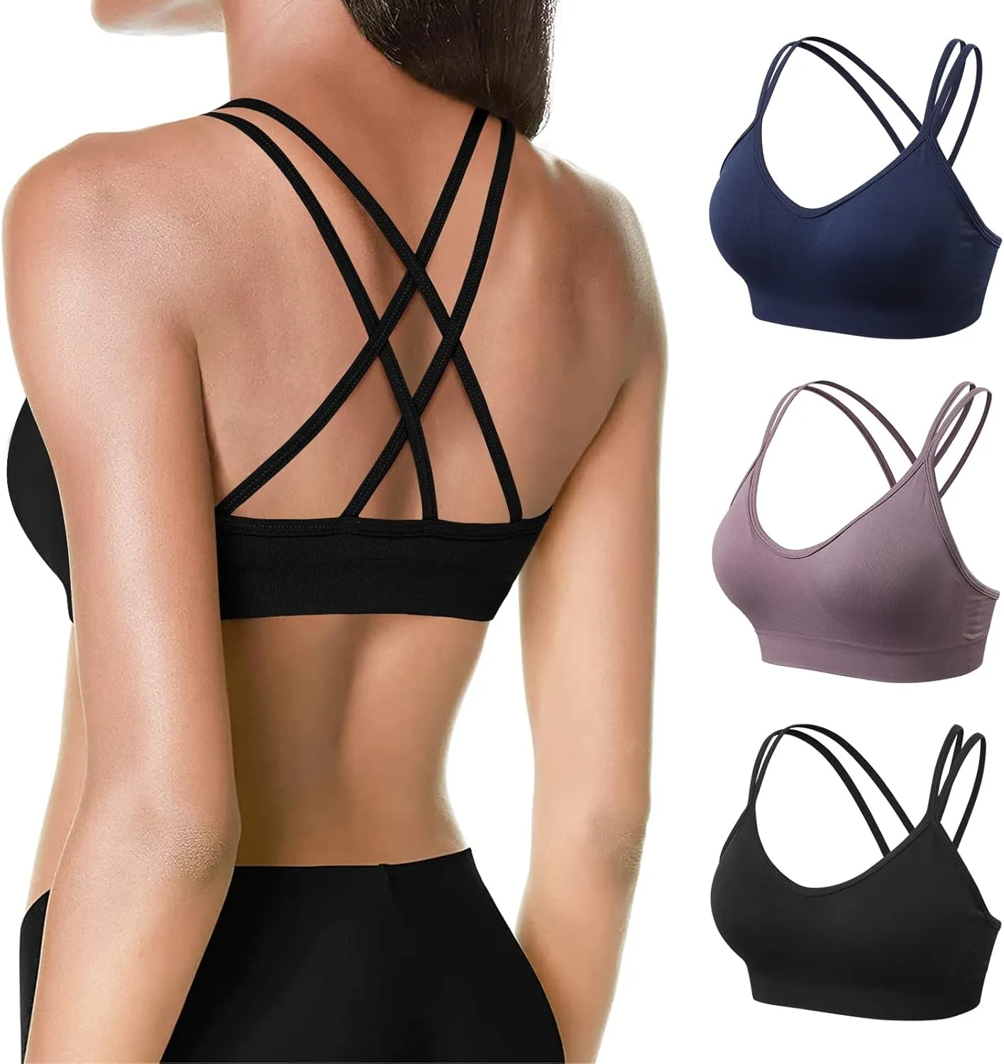 VEQKING Women's Cross Back Sports Bra Padded Strappy Medium Support Yoga Bra for Workout Fitness 3 Pack