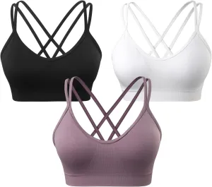 VEQKING Women's Cross Back Sports Bra Padded Strappy Medium Support Yoga Bra for Workout Fitness 3 Pack