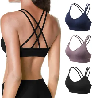 VEQKING Women's Cross Back Sports Bra Padded Strappy Medium Support Yoga Bra for Workout Fitness 3 Pack
