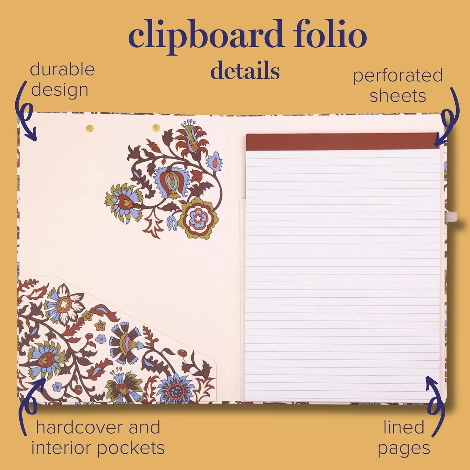 Vera Bradley Clipboard Folio with Refillable Lined Notepad, Padfolio with Interior Pocket and Pen Loop (Marrakesh Vines Cream)