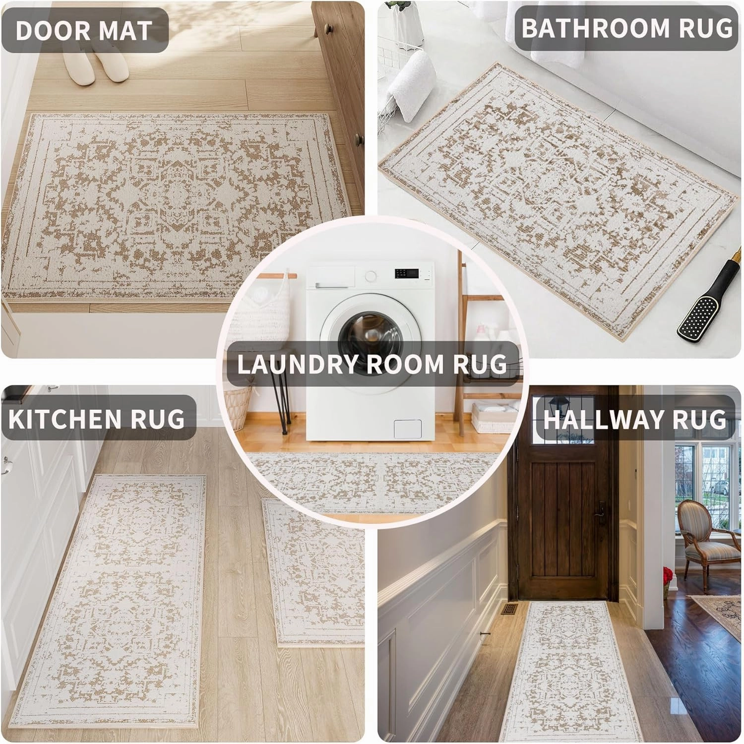 Vintage Runner Rug Non Slip for Hallway Bathroom Kitchen 2x3 ft, Ultra Soft Boho Carpet Runner with Low Pile Design Machine Washable Runner Rugs for Entryway Laundry Living Room (Khaki)
