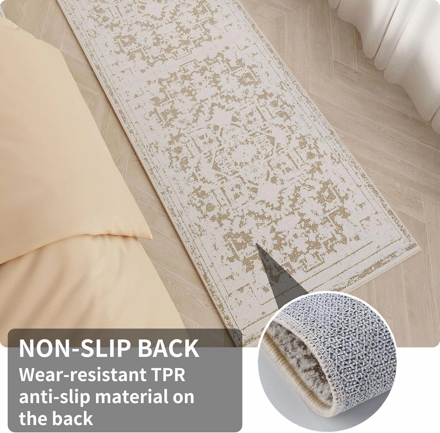 Vintage Runner Rug Non Slip for Hallway Bathroom Kitchen 2x3 ft, Ultra Soft Boho Carpet Runner with Low Pile Design Machine Washable Runner Rugs for Entryway Laundry Living Room (Khaki)