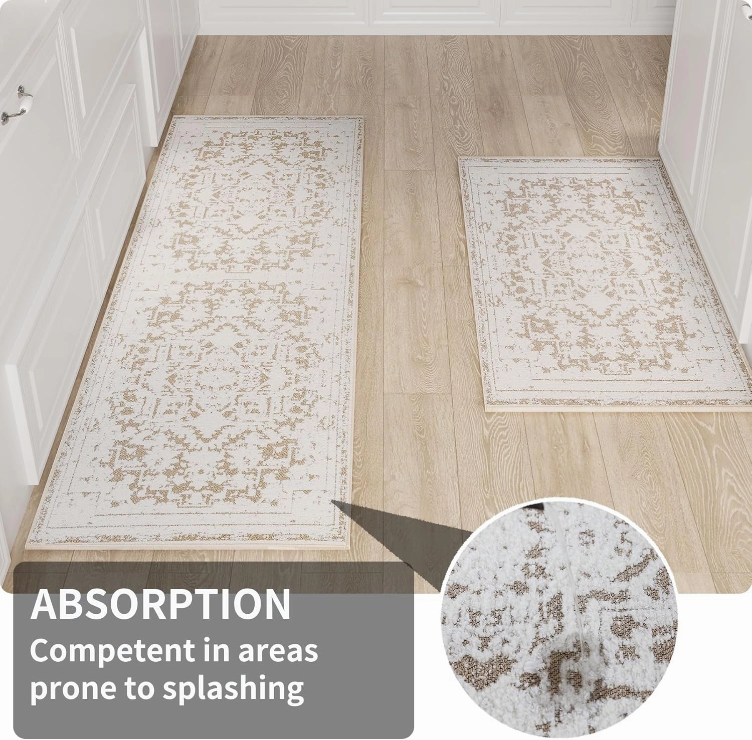 Vintage Runner Rug Non Slip for Hallway Bathroom Kitchen 2x3 ft, Ultra Soft Boho Carpet Runner with Low Pile Design Machine Washable Runner Rugs for Entryway Laundry Living Room (Khaki)