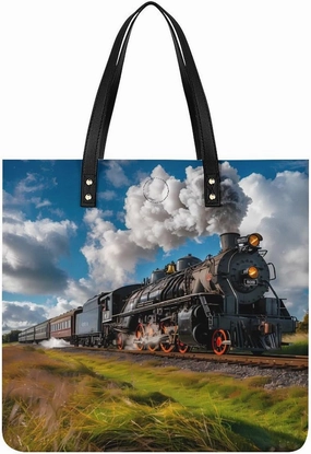 Vintage Steam Engine Locomotive Train Leather Tote Bag for Women Men Shoulder Bag Casual Handbag Work Bag 39x39cm