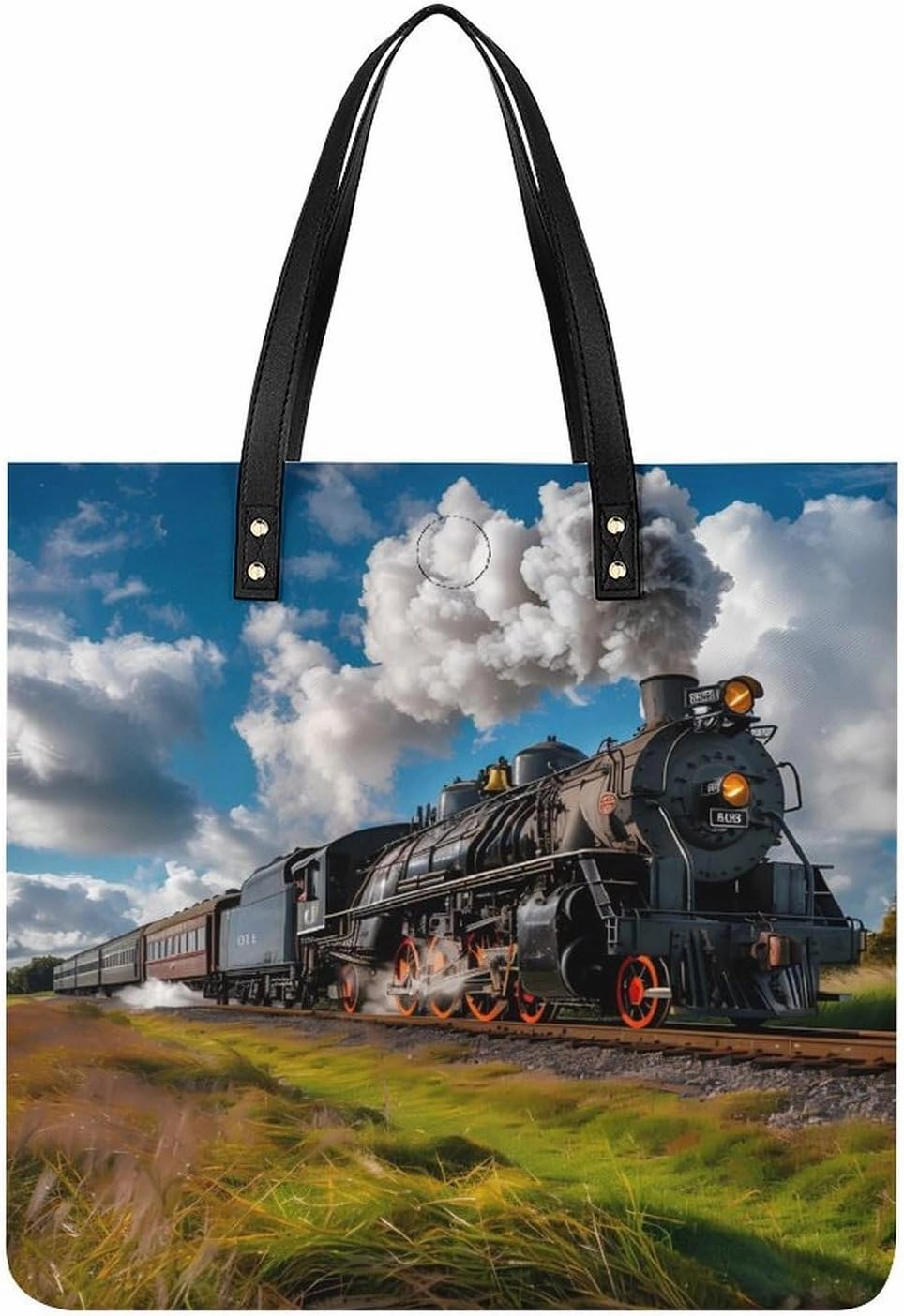 Vintage Steam Engine Locomotive Train Leather Tote Bag for Women Men Shoulder Bag Casual Handbag Work Bag 39x39cm