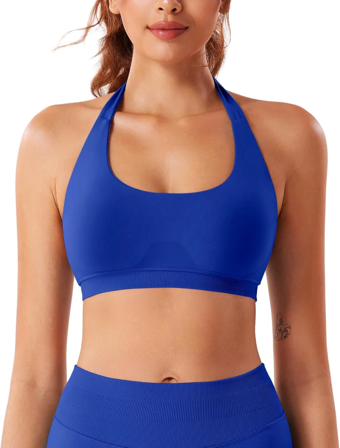 VOYJOY Women Workout Impact Bras Medium Low Support Halter Sports Bras Seamless Open Back Gym Padded Yoga Crop Top
