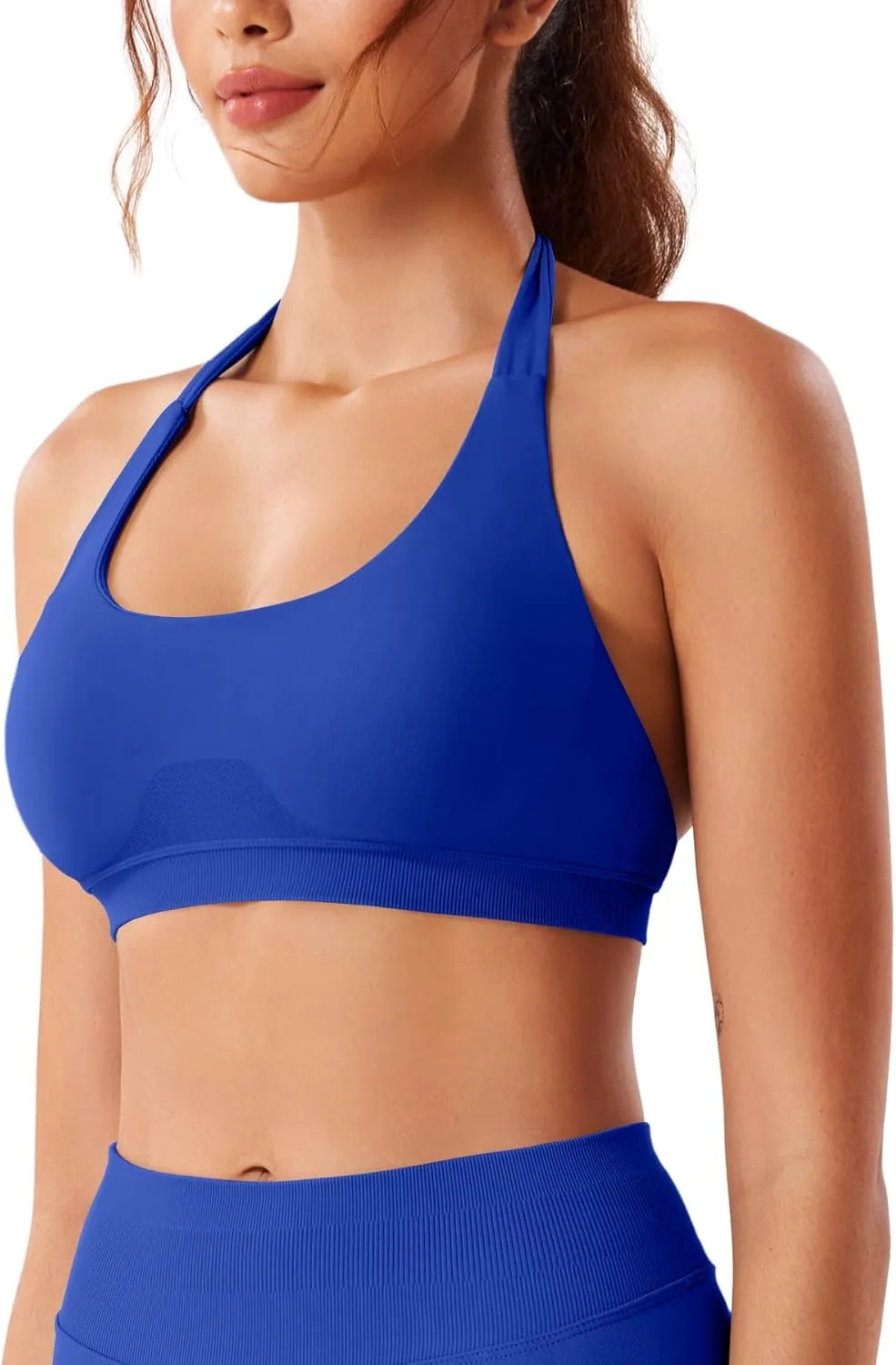VOYJOY Women Workout Impact Bras Medium Low Support Halter Sports Bras Seamless Open Back Gym Padded Yoga Crop Top