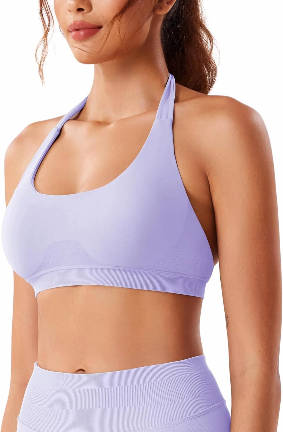 VOYJOY Women Workout Impact Bras Medium Low Support Halter Sports Bras Seamless Open Back Gym Padded Yoga Crop Top