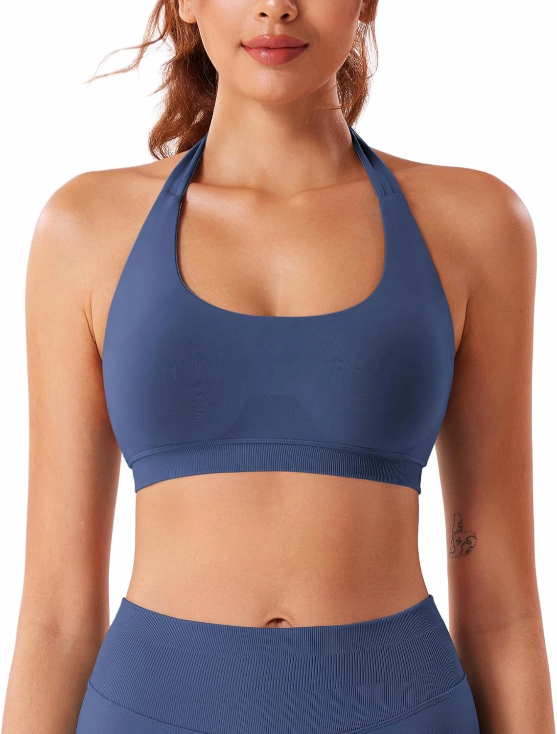 VOYJOY Women Workout Impact Bras Medium Low Support Halter Sports Bras Seamless Open Back Gym Padded Yoga Crop Top