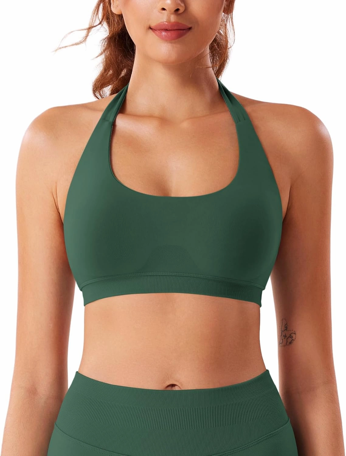 VOYJOY Women Workout Impact Bras Medium Low Support Halter Sports Bras Seamless Open Back Gym Padded Yoga Crop Top