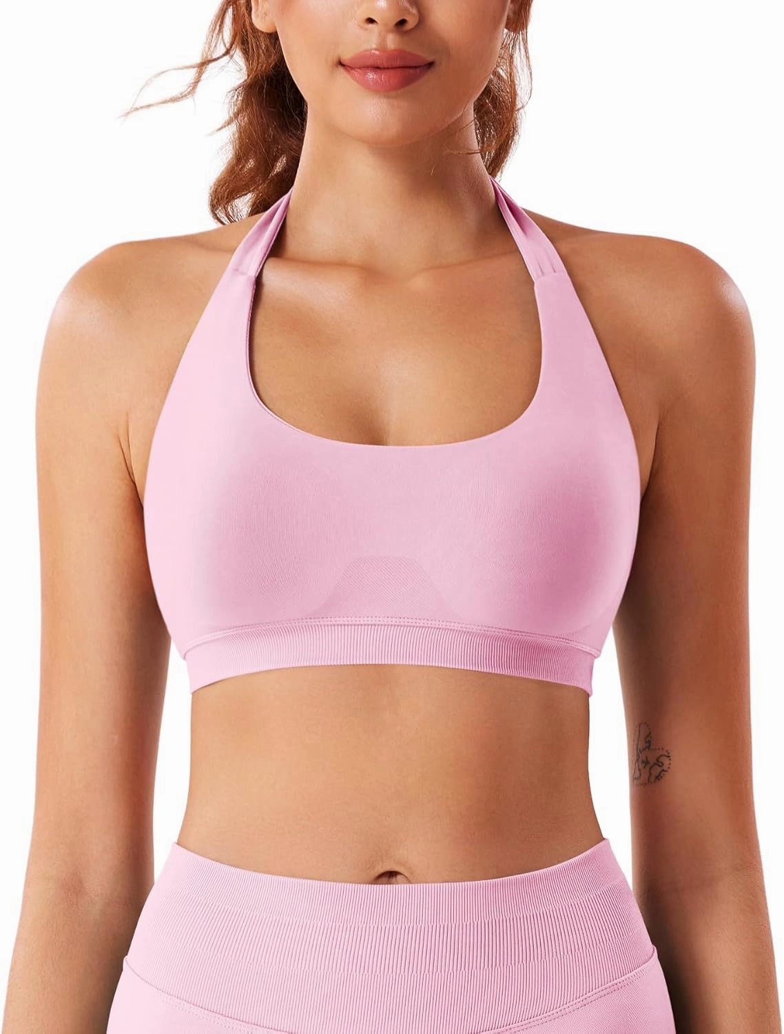 VOYJOY Women Workout Impact Bras Medium Low Support Halter Sports Bras Seamless Open Back Gym Padded Yoga Crop Top