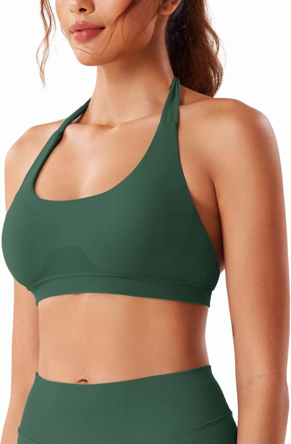 VOYJOY Women Workout Impact Bras Medium Low Support Halter Sports Bras Seamless Open Back Gym Padded Yoga Crop Top