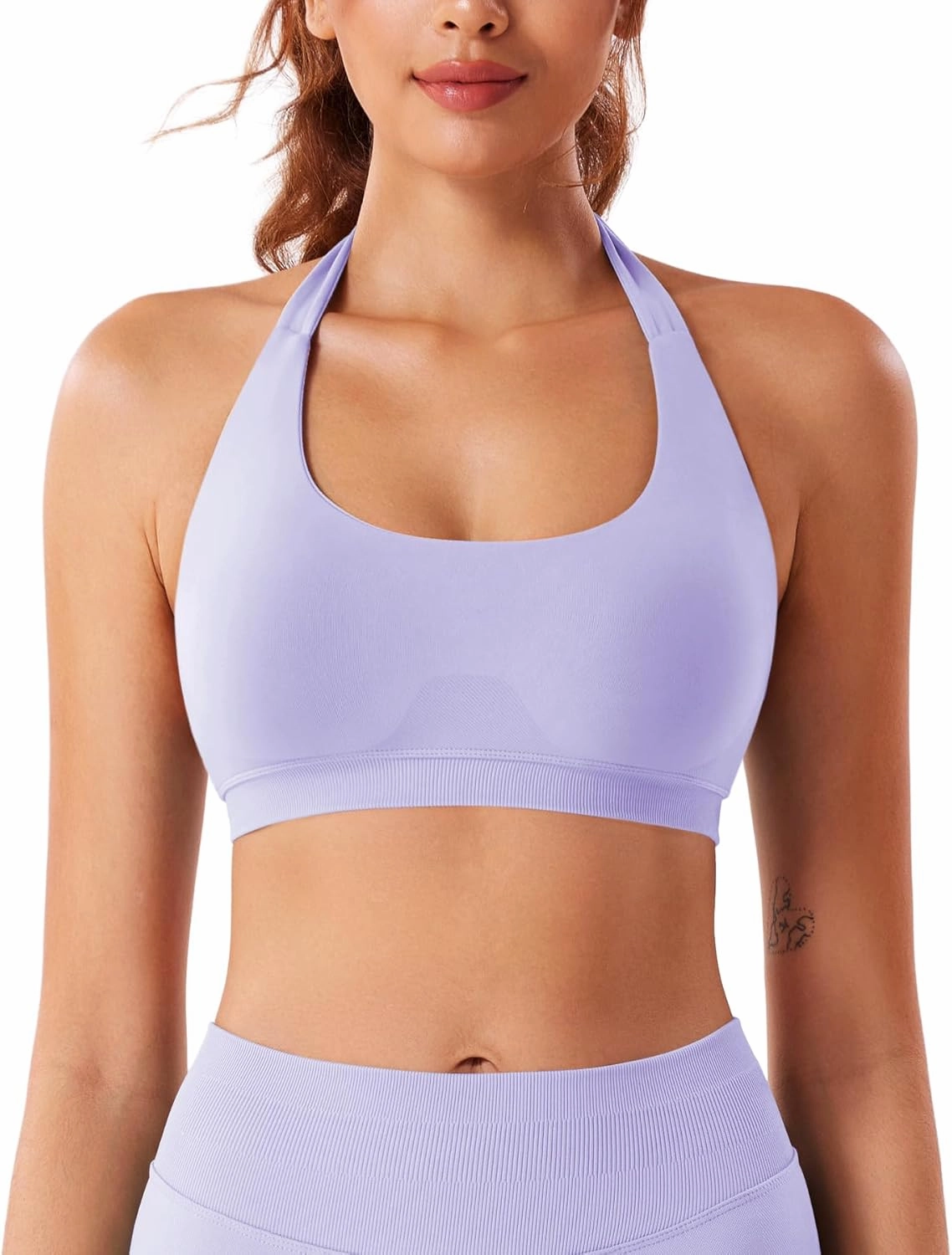 VOYJOY Women Workout Impact Bras Medium Low Support Halter Sports Bras Seamless Open Back Gym Padded Yoga Crop Top