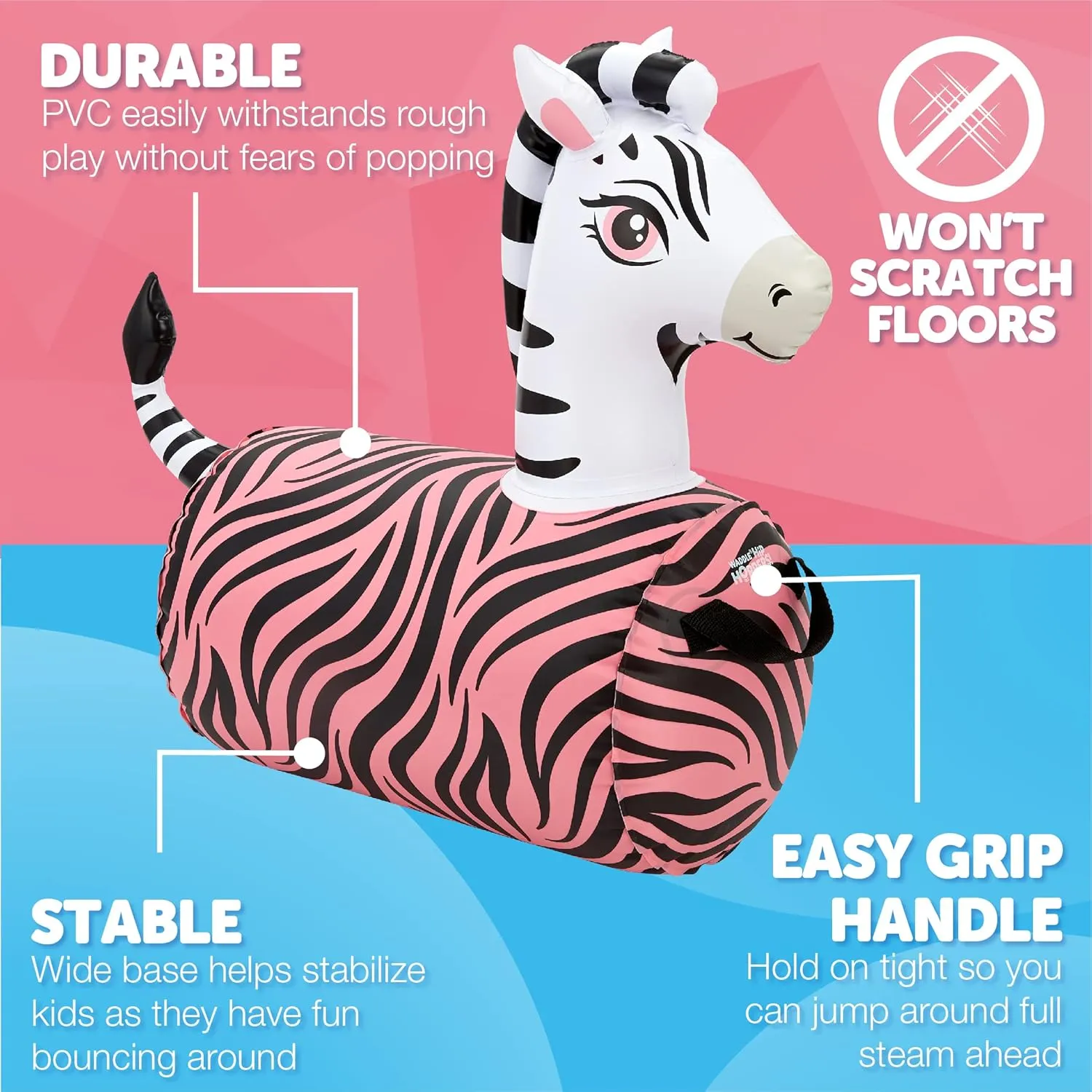 WADDLE Hip Hopper Inflatable Hopping Animal Bouncer Zebra, Ages 2 and Up, Supports Up to 85 Pounds