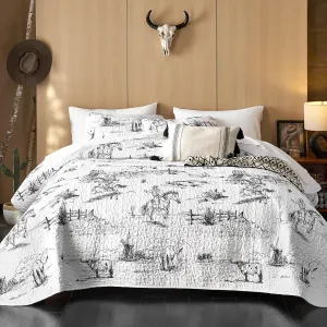 Wake In Cloud - Western Quilt Set, Cowboy Southwestern Country Vintage Native American Rustic Ranch Life, Reversible Lightweight Bedspread Coverlet, 3 Pieces, Black White, King Size