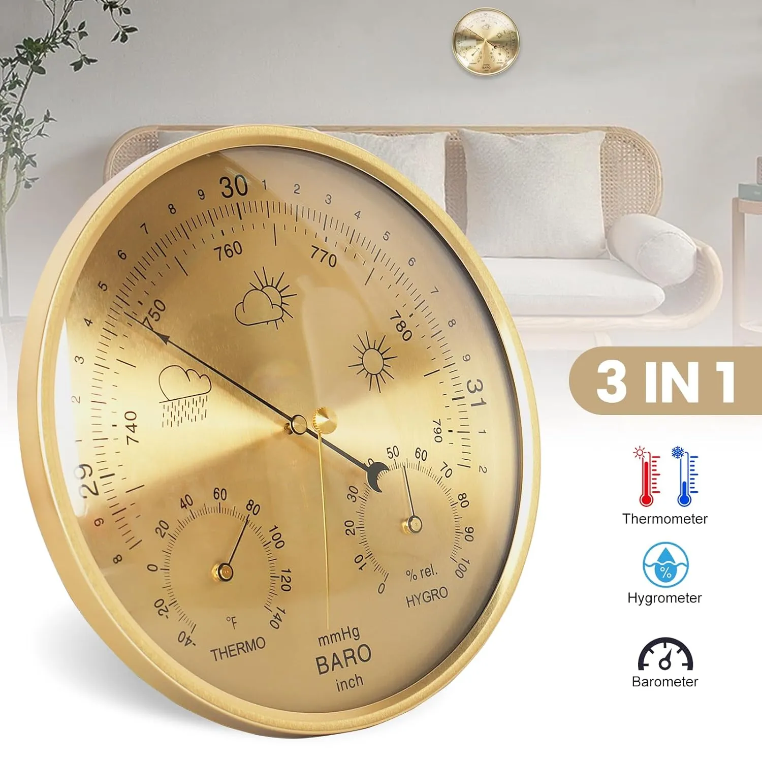 Wall Hanging 3 in 1 Barometer Weather Station,Thermometer, Barometer, Hygrometer,Accurate Weather Station for Home and Office,Indoor and Outdoor Use,Mechanical Movement