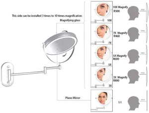 Wall-Mounted Makeup Mirror, Folding, Retractable 360° with LED Light, Powered by 4X AAA Batteries(3X)